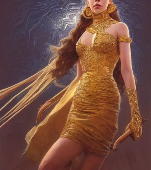 Prompt: Anya Taylor-Joy wearing gold, highly detailed, centered, digital painting, artstation, concept art, smooth, sharp focus, illustration, art by artgerm and donato giancola and Joseph Christian Leyendecker, Ross Tran, WLOP