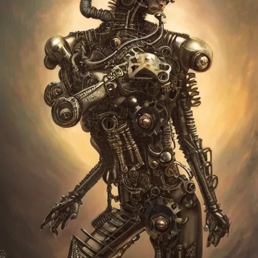 Image similar to low angle shot of a steampunk cyborg by clive barker, intricate, elegant, highly detailed, centered, digital painting, artstation, concept art, smooth, sharp focus, illustration, artgerm, Tomasz Alen Kopera, Peter Mohrbacher donato giancola, Joseph Christian Leyendecker, WLOP, Boris Vallejo.