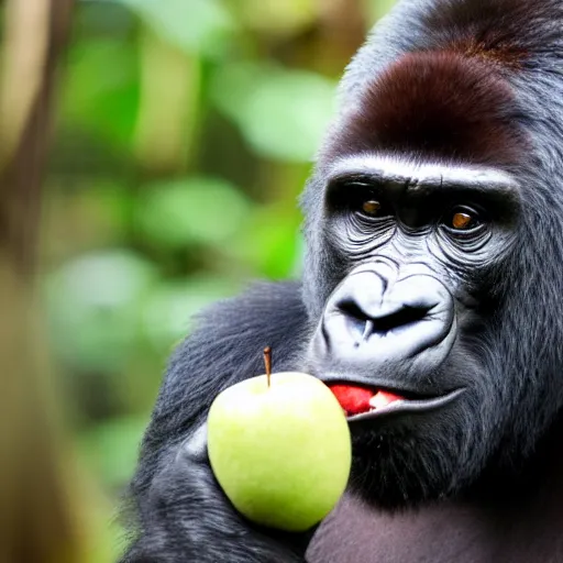 Image similar to a gorilla wearing a top hat and biting into an apple in the rainforest, dslr photo, 60mm