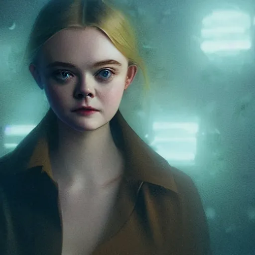 Prompt: Elle Fanning as a hologram in the world of Adam Wyeth, head and shoulders portrait, stormy weather, extremely detailed masterpiece, oil on canvas, low-key neon lighting, artstation, Blade Runner 2049, Roger Deakin’s cinematography, by J. C. Leyendecker and Peter Paul Rubens and Edward Hopper and Michael Sowa,