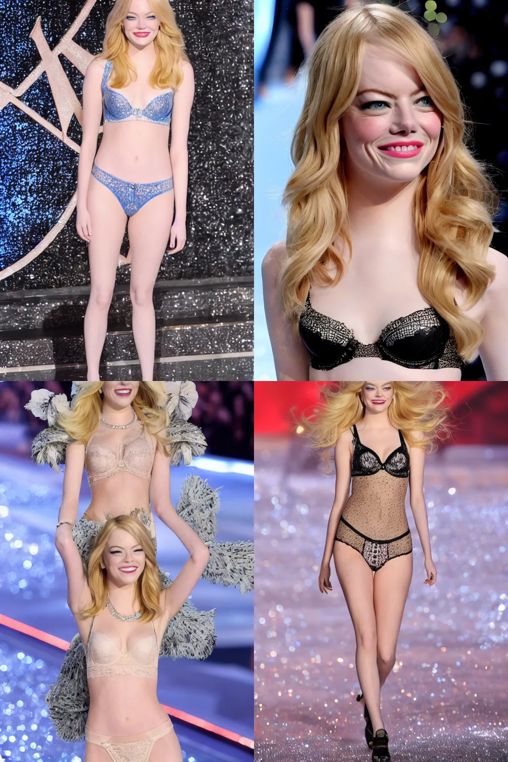 Prompt: blonde Emma Stone on Victoria's Secret Fashion Show