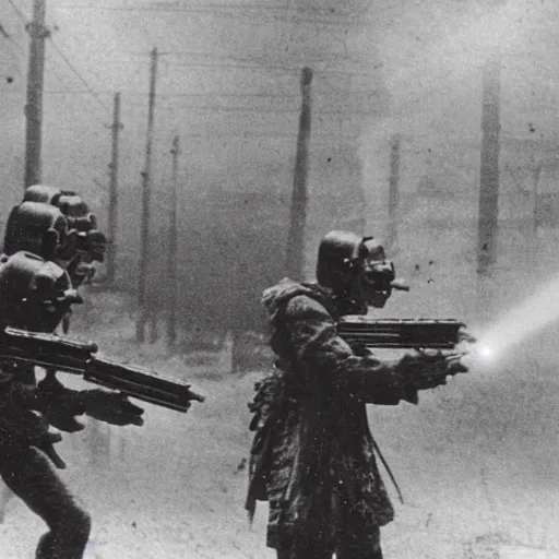 Prompt: grainy 1800s photo of a cybernetic warriors shooting civilians with laser weapons in a smoky city