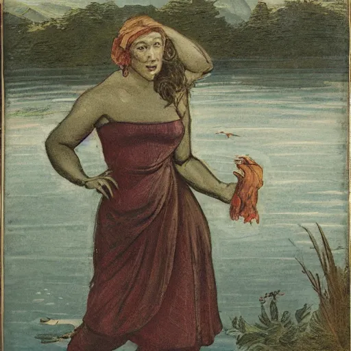 Prompt: a hulder trying to lure a man into a lake,