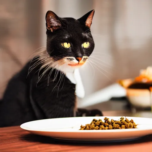 Image similar to A photo of a cat wearing a suit sitting in a fancy and expensive gourmet restaurant and eating a plate of cat food. f/2.8, dim lighting, award winning photo