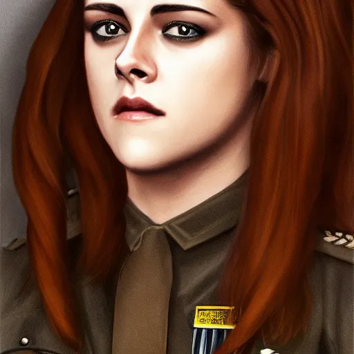 Image similar to Render of Kristen Stewart as Honor Harrington wearing an officer's uniform, cute 3d, long brown hair, brown eyes, soft smile, 4k oil on linen by wlop, artgerm, andrei riabovitchev, nuri iyem, james gurney, james jean, greg rutkowski, highly detailed, soft lighting 8k resolution, aboard a starship, medium shot, mid-shot, trending on Artstation, Unreal Engine 4k