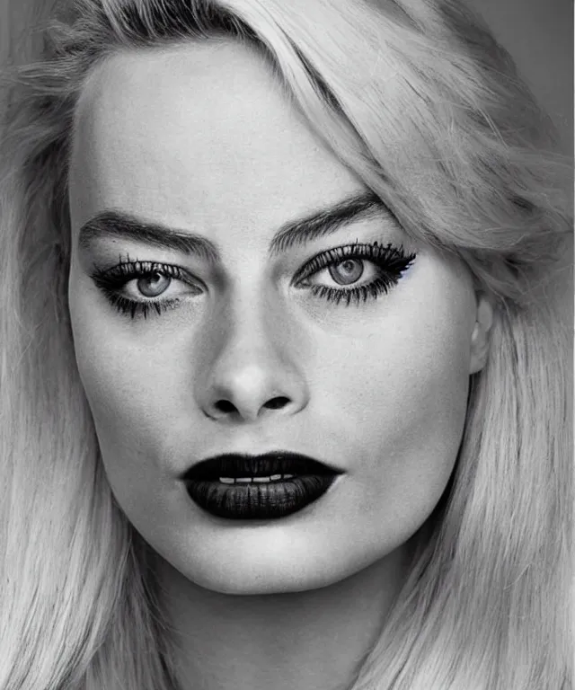 Image similar to a color photograph of margot robbie, by robert mapplethorpe, platinum blond, intense, bold, exaggerated, ultra sharp, extra details, ultra high quality, trending on pinteresst