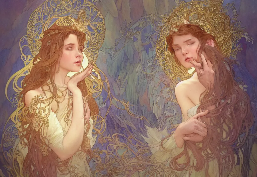 Image similar to an angel, highly detailed, very intricate, art nouveau, gold filigree, romantic storybook fantasy, soft cinematic lighting, award - winning, disney concept art watercolor illustration by mandy jurgens and alphonse mucha and alena aenami, pastel color palette, featured on artstation