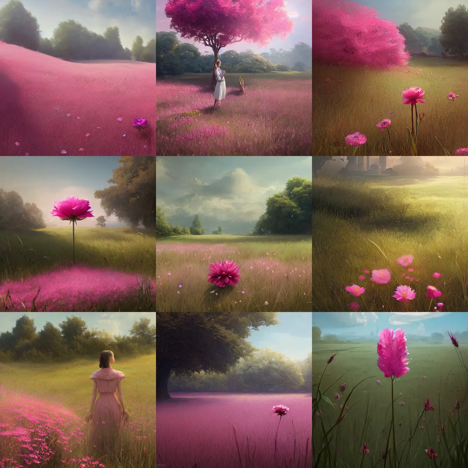 Prompt: a beautiful pink flower growing in the grass. matte painting, concept art, digital masterpiece, highly detailed, by greg rutkowski