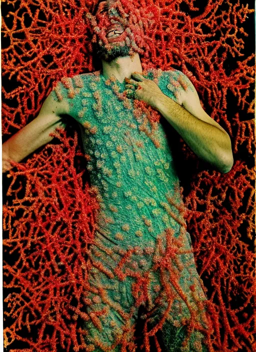 Prompt: realistic photo of a blurred face of a man, covered in shriveling dead coral reef, emitting aura, floating in the air with his arms stretched out on him 1 9 6 0, life magazine photo, natural colors, metropolitan museum, kodak, 8 k, very detailed, high resolution, product photo,