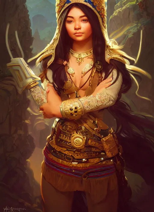 Image similar to portrait of russian mexican asian girl jodhpurs hyperborea lemuria, deep focus, d & d, fantasy, intricate, elegant, highly detailed, digital painting, artstation, concept art, matte, sharp focus, illustration, hearthstone, art by rhads by artgerm and greg rutkowski and alphonse mucha