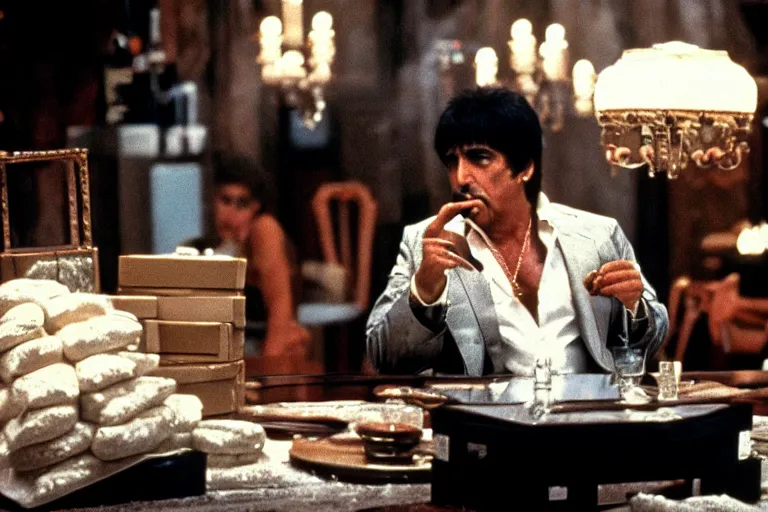 Image similar to tony montana from movie scarface 1 9 8 3 sitting behind a big black oak table with big large packages of flour. long shot. al pacino. perfect symmetric face, coherent eyes, fine details, 4 k, ron cobb, cinestill. last scene from scarface movie