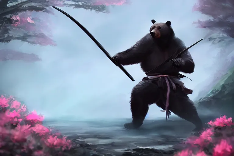 Image similar to an environmental concept art of samurai anthropomorohic black bear, samurai duel, sakura petals blowing in the wind, highly detailed, environmental light, epic, 8 k, artstation, deviantart, award winning, cinematic by francis tneh