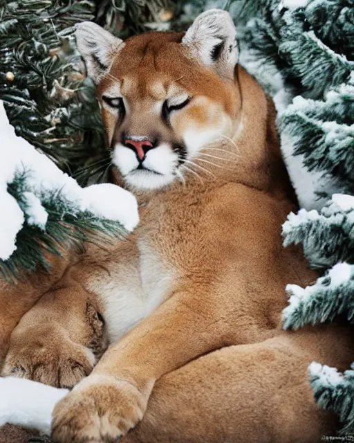 Image similar to magazine showing 'a cougar sleeping in the middle of snowy pine tree' laying on coffee table, zoomed out, HD, iphone screenshot