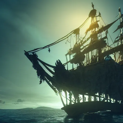 Image similar to ghost pirate ship with a pirate on the foreground, highly detailed, photorealistic portrait, bright studio setting, studio lighting, crisp quality and light reflections, unreal engine 5 quality render