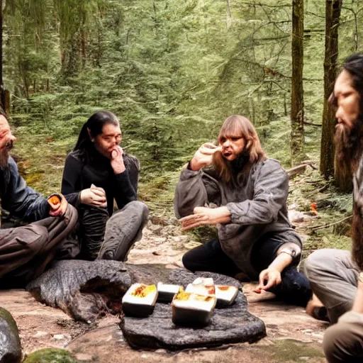 Image similar to photo, neanderthal people eating sushi, surrounded by dinosaurs, gigantic forest trees, sitting on rocks, bonfire