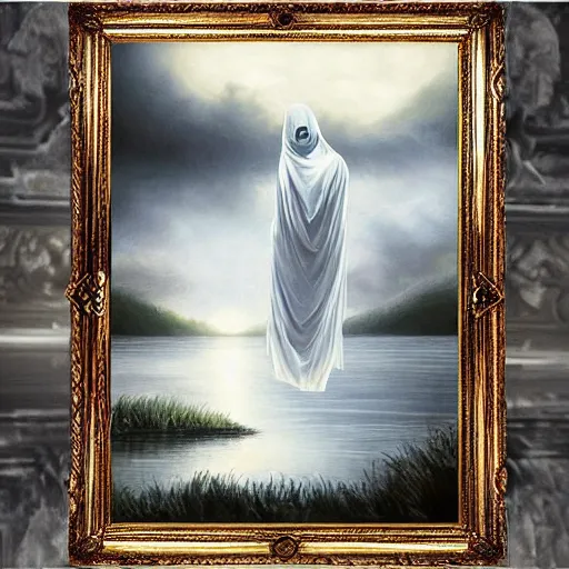 Image similar to ominous bedsheet ghost floating above a lake, oil painting, brush strokes, gloomy misty atmosphere, symmetrical, full body image, highly ornate intricate details,