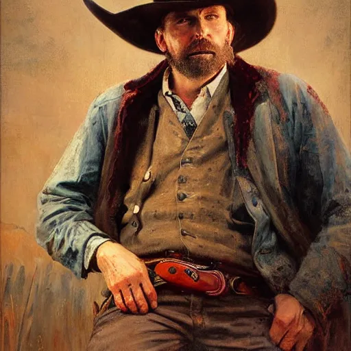 Image similar to Solomon Joseph Solomon and Richard Schmid and Jeremy Lipking victorian genre painting portrait painting of Hank Williams Sr a rugged cowboy gunfighter old west character in fantasy costume, red background