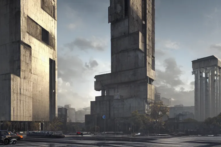 Image similar to streetscape, a towering cathedral of brutalist architecture, buildings covered with greebles, stunning volumetric light, sunset, metal, concrete and translucent material, stunning skies, majestic landscape, trending on Artstation, 8k, photorealistic, hyper detailed, unreal engine 5, IMAX quality, cinematic, epic lighting, in the style of Greg Rutkowski