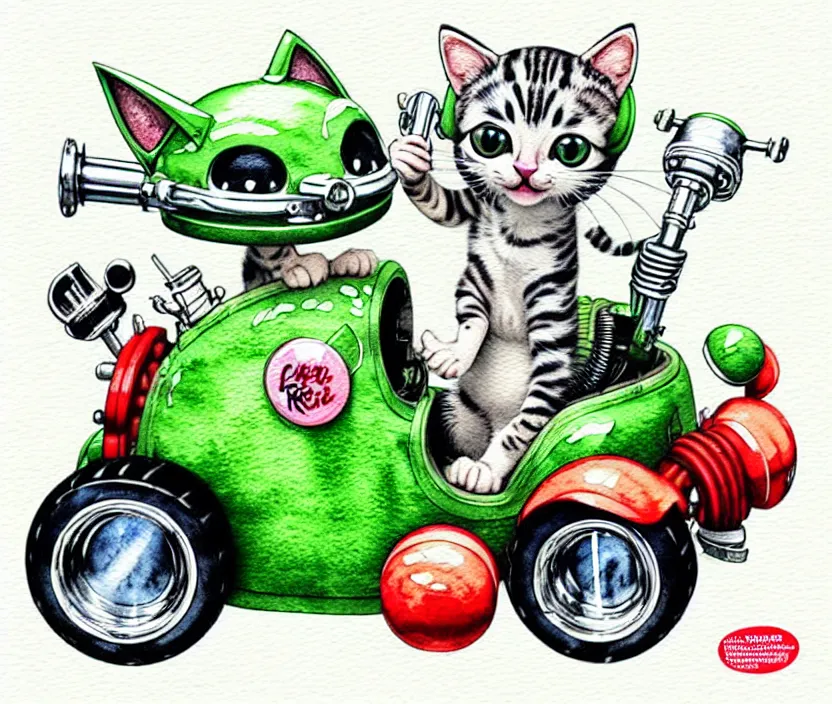 Image similar to cute and funny, kitten wearing a helmet riding in a tiny hot rod with oversized engine, ratfink style by ed roth, centered award winning watercolor pen illustration, isometric illustration by chihiro iwasaki, edited by range murata, tiny details by artgerm and watercolor girl, symmetrically isometrically centered