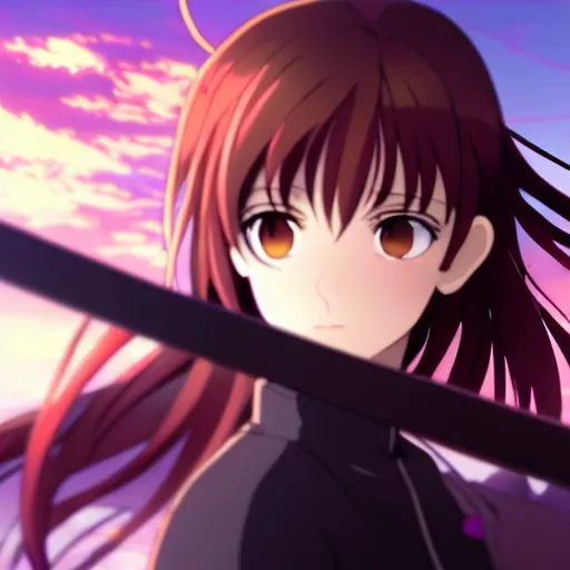 Prompt: emma watson, heavens feel movie, demon slayer, ufotable, kyoani, high quality, artstation, key visual, cinematic, city background, night time, rooftop, fate stay night, unlimited blade works, greg rutkowski, high resolution, dynamic pose, extreme close up, rin outfit, anime, high angle, high budget