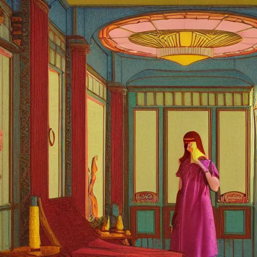 Prompt: a goddess in a liminal room, film still by wes anderson, depicted by leon battista alberti, limited color palette, very intricate, art nouveau, highly detailed, lights by hopper, soft pastel colors, minimalist