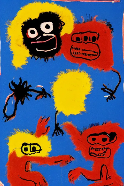 Image similar to an illustration of monkeys killing children in the style of basquiat by margaret wise brown, blue and black