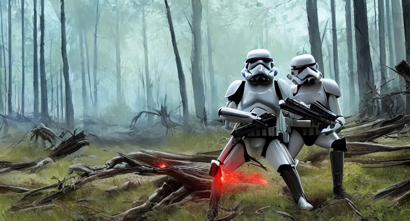 Image similar to stormtroopers shooting red blaster bolts at a young blonde jedi with short hair in a burned lifeless forest with burned trees and plants concept art by Doug Chiang cinematic, realistic painting, high definition, digital art, symmetrical, very detailed, extremely high detail, photo realistic, concept art, unreal engine 5, the Mandalorian concept art style