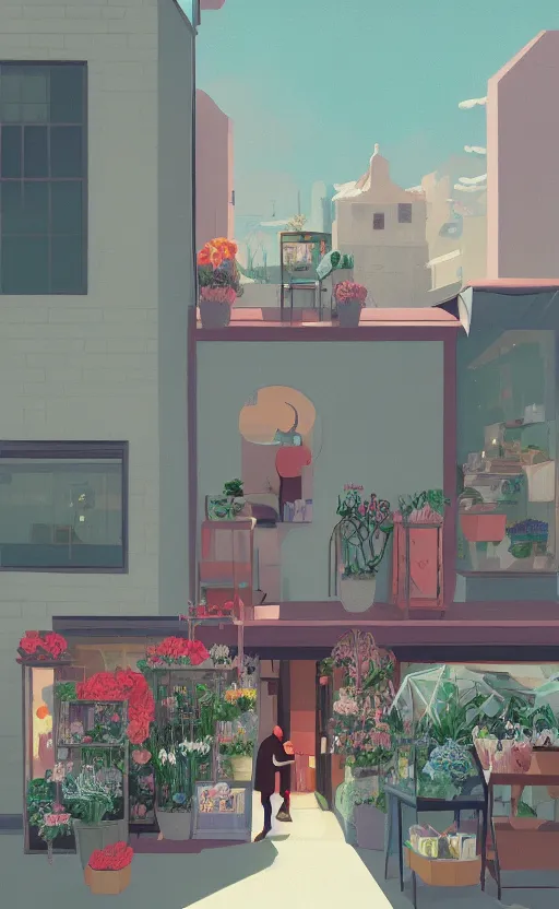 Image similar to cute cozy flower shop, surreal illustration, by atey ghailan and escher and edward hopper