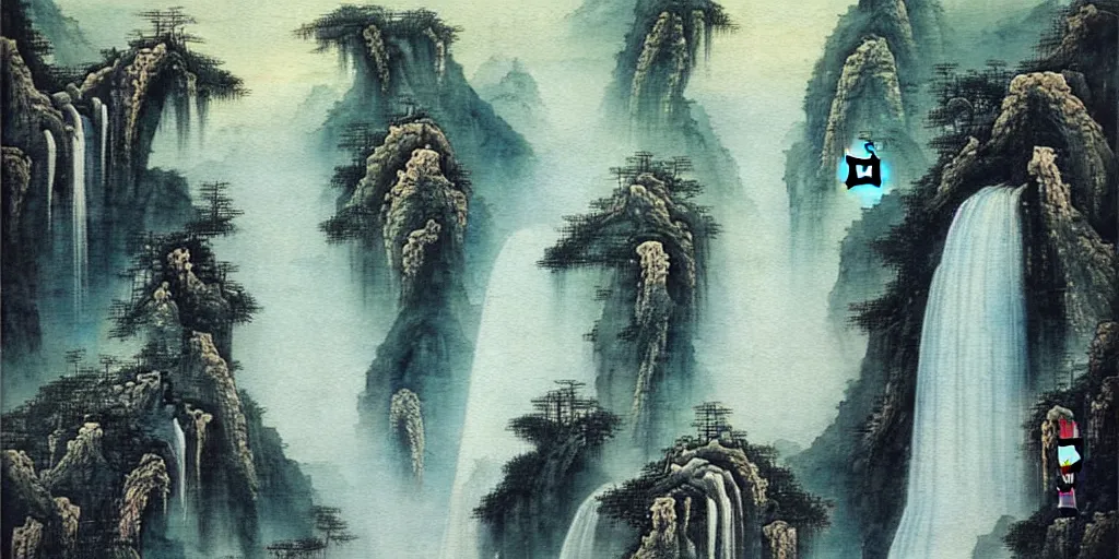 Image similar to “ large ancient gate to other world in the center of waterfall in chinese watercolor painting, oil painting, masterpiece, aesthetic ”