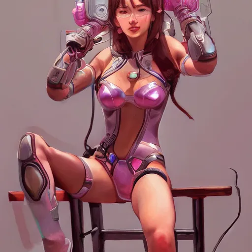 Prompt: Portrait of D.Va wearing gloves, sitting on a chair, intricate upper body, whole body, highly detailed, digital painting, artstation, concept art, smooth, sharp focus, illustration, art by Hajime Sorayama