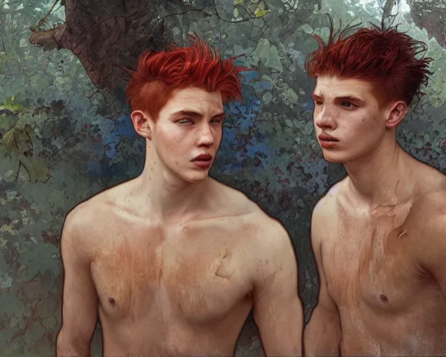 Image similar to portrait of 1 9 - year - old male twins with red hair and freckles, two male, wearing shirts, hyper realistic face, beautiful eyes, fantasy art, in the style of greg rutkowski, intricate, alphonse mucha, hyper detailed, smooth