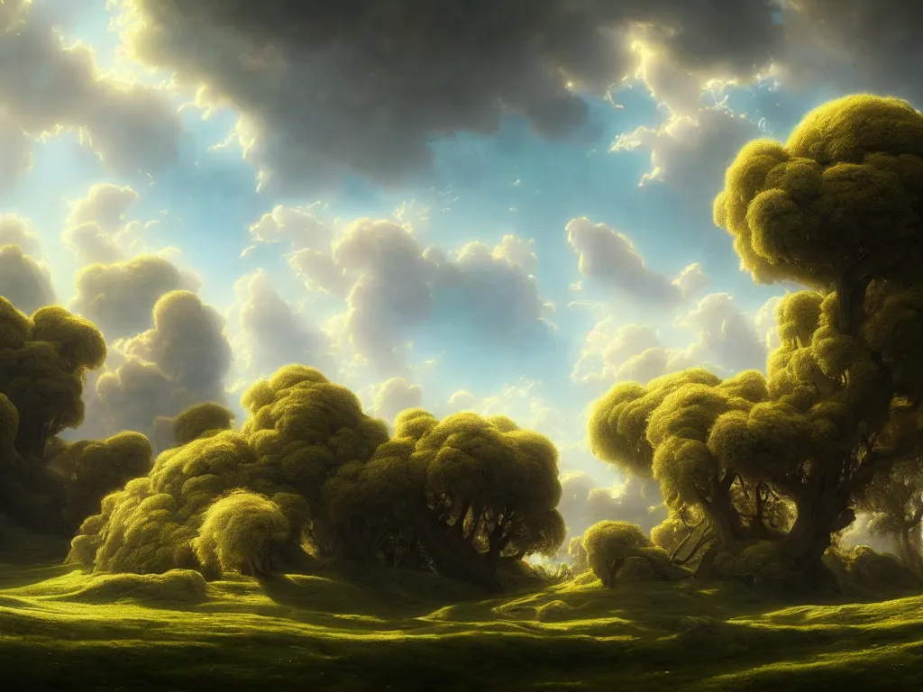 Image similar to beautiful landscape, gorgeous victorian mansion, sunny sky with fluffy clouds, iredescent soft glow bloom effect, dream - like, baroque portrait painting, perfect composition, beautiful detailed, intricate detailed octane render, unreal engine 5, trending on artstation, 8 k, chiaroscuro, masterpiece, raphael, caravaggio, beksinski, ghibli