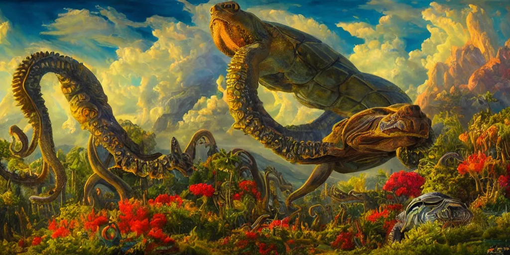 Image similar to fantasy oil painting, great leviathan, cybernetic turtle cephalopod terrapin reptilian pachyderm squid, bella hadid, hybrid, milla jovovich, anubis, epic natural light, lush plants flowers, spectacular mountains, bright clouds, luminous sky, outer worlds, golden hour, michael cheval, edward hopper, michael whelan, vray, hd