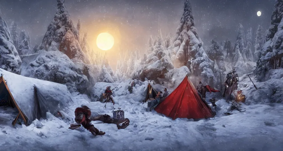 Prompt: an epic fantasy adventurer's camp in the snow with a hide tent at night with a full moon, a single adventurer with red hair, 4 k, extremely detailed. award winning, trending on artstation, 8 k, ultra wide angle