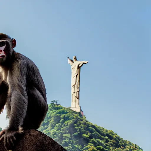 Image similar to high quality portrait of a monkey in front of Christ The Redeemer, studio photograph, photograph, realistic photo, 8k photo, 4k photo, stock photo, high resolution, cinematic shot, high detail