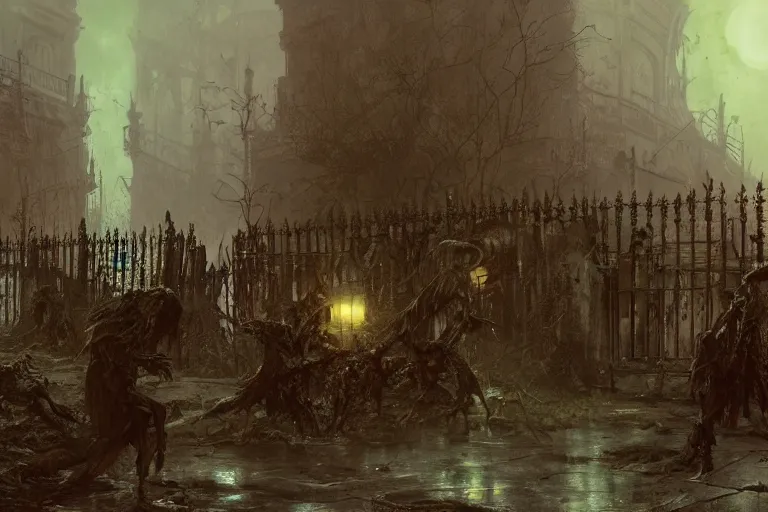 Image similar to Zombie madness ensues while being gatekept behind jagged metal fencing, illustrated by Greg Rutkowski and Gaston Bussiere, foreboding and eerie lighting, concerning mood, intricate, photorealistic imagery, smooth lighting, vignette, grain effect, bloom effect, trending on artstation, 4k, 8k