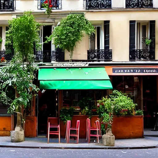 Prompt: a quiet cafe on the corner of a street in Paris in the style of The Jungle Book
