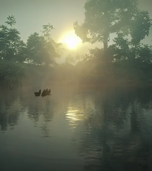 Image similar to the reflection of three crows standing in a boat in a swamp, volumetric lighting, fog, majestic light, octane render, ethereal glare of the sun, hyperrealistic, epic, masterpiece, by makoto shinkai