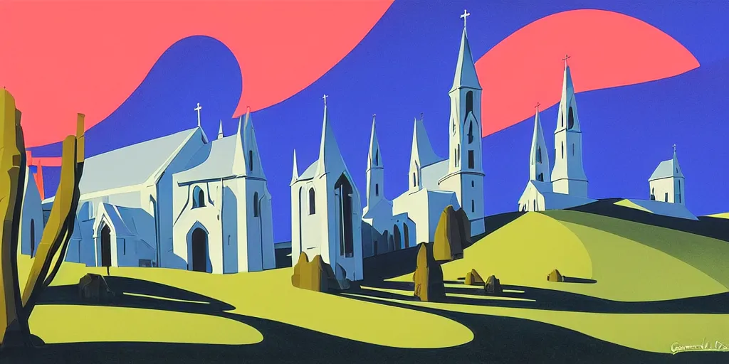 Prompt: church, gouache, animated film, stylised, illustration, by eyvind earle, scott wills, genndy tartakovski, syd mead