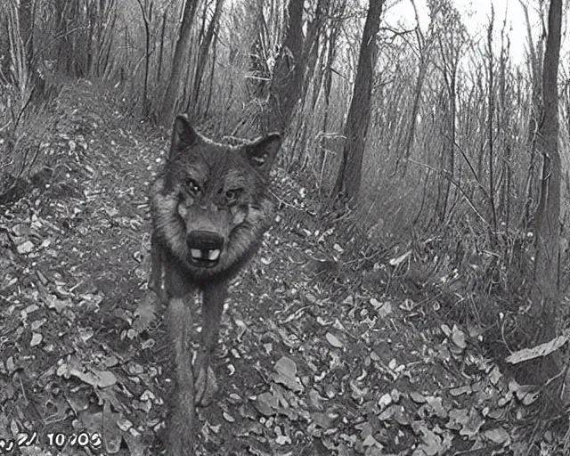 Prompt: photo of standing werewolf monster caught on a trail cam