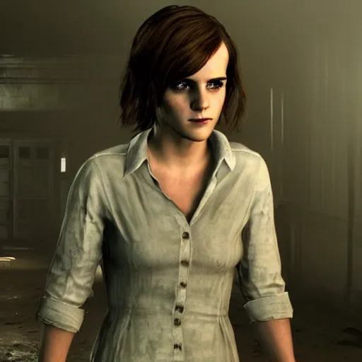Image similar to Screenshot of Emma Watson as a character in Outlast video game