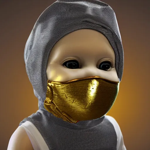 Prompt: a high tech 3 d rendering of a a baby cherub angel wearing a balaclava face mask, ski mask, face covered, gucci, chanel, covered face, fixed eyes, tattoos, multiple gold cuban chain necklace, graffiti in background octane render, blender