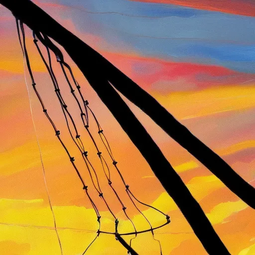 Prompt: colorful bouncing wires on power lines at sunset, beautiful painting, realistic, 4 k, trending on artstation