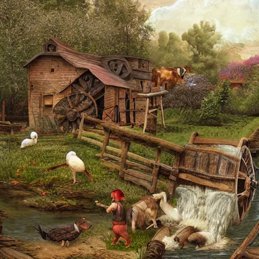 Prompt: folk art, farmhouse with a waterwheel by a creek, farm animals and children playing in the yard, lowbrow, matte painting, 3 - d highly detailed, style of greg simkins