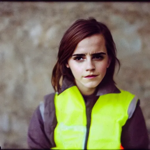 Prompt: photo, close up, emma watson in a hi vis vest, dipping tobacco, portrait, kodak gold 2 0 0,