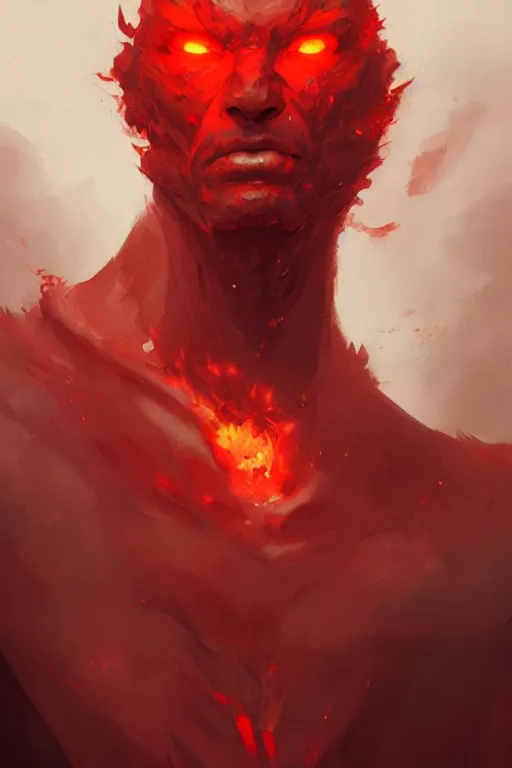 Image similar to a portrait of a red fire demon by greg rutkowski, trending on artstation