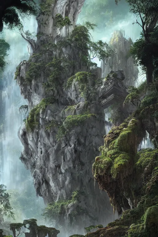 Image similar to carved into the Rock a citadel-temple , gnarly trees, lush vegetation, forrest, a small stream runs beneath the waterfall, landscape, raphael lacoste, eddie mendoza, alex ross, concept art, matte painting, highly detailed, rule of thirds, dynamic lighting, cinematic, detailed, denoised, centerd