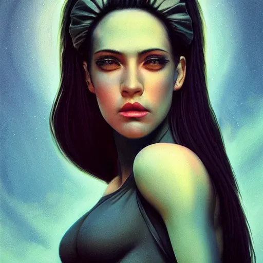 Image similar to celestial goddess facial portrait, legendary epic shot, 90s make-up, low angle, dawn, by artgerm, julie bell, beeple and Greg Rutkowski, airbrush, science fantasy, 90s, concept art, realistic matte painting, Smooth gradients, octane render, 8k, High contrast, duo tone, depth of field, volumetric lightning, very coherent, symmetrical, skin pore detail