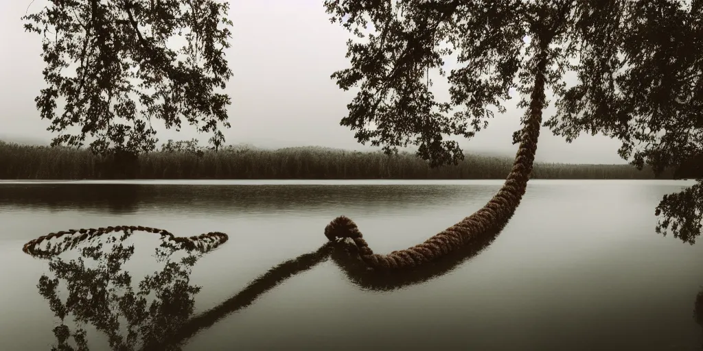 Image similar to symmetrical photograph of a very long rope on the surface of the water, the rope is snaking from the foreground towards the center of the lake, a dark lake on a cloudy day, trees in the background, moody scene, dreamy kodak color stock, anamorphic lens