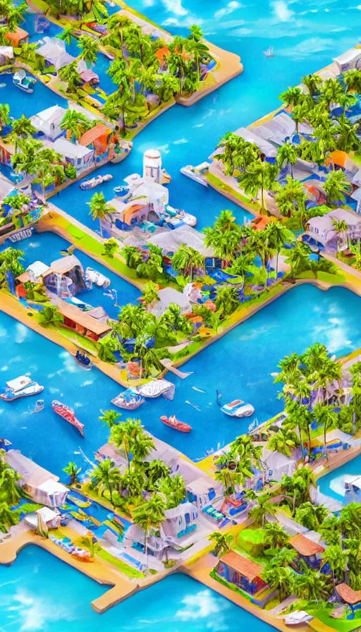 Prompt: fishing village, palm trees, stormy water, isometric view, tilt shift, highly detailed, hyper realistic, 1 0 0 mm